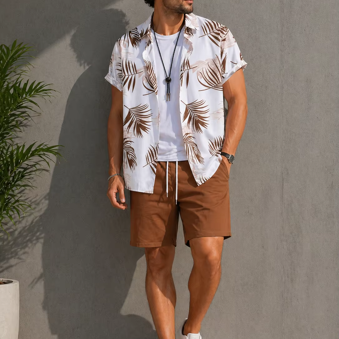 A man wearing a white short-sleeve button-up shirt with a brown palm leaf print, a white t-shirt underneath, and brown drawstring shorts, standing against a gray wall.