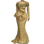 African Woman Plus Size Evening Dresses Lace Long Sleeves Mermaid Glitter Gold Party Dress Sequins Applique Bow Waist Prom Gowns