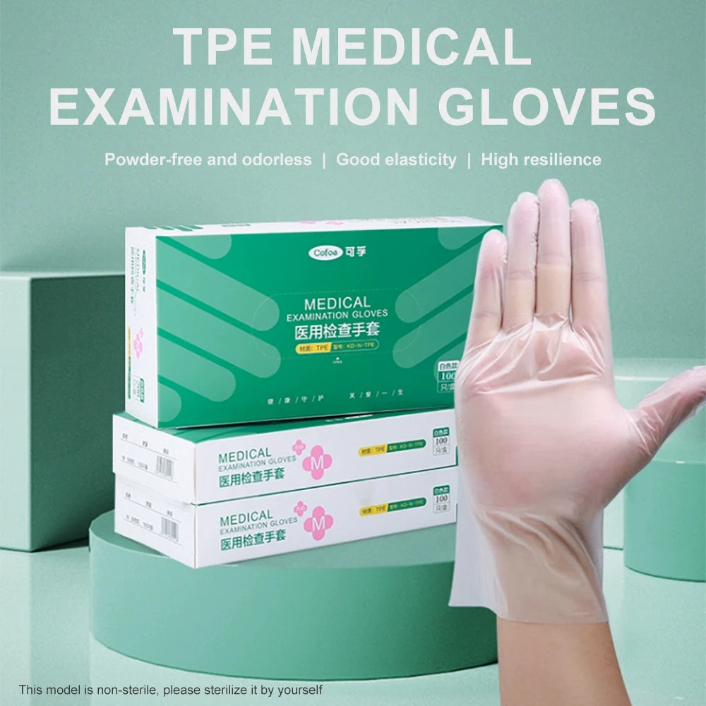 Cofoe 100Pcs Medical Grade Gloves TPE Disposable Gloves Transparent Non-Slip Acid Work Safety Food Grade Household