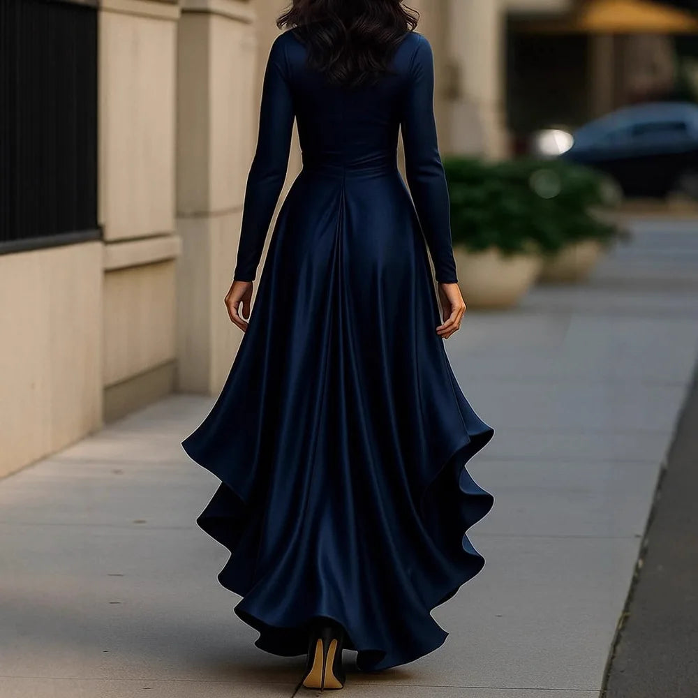 2025 Evening Dress Women's Long Sleeve V Neck High Waist Slim Fit Ruffle Solid Color Elegant Fashion Party Spring Autumn Dress