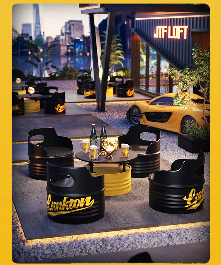 Industrial wind oil drum table and chair combination milk tea barbecue restaurant indoor and outdoor wrought iron furniture can