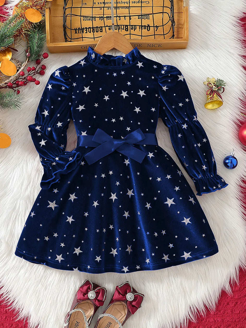 2025 New Year Dress for Girls Winter 3-6Y Kids Star Print Bowknot Long Sleeve Evening Dress Christmas Festive Dress for Girls