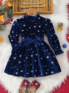 2025 New Year Dress for Girls Winter 3-6Y Kids Star Print Bowknot Long Sleeve Evening Dress Christmas Festive Dress for Girls