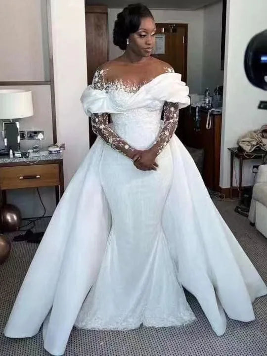 New Foreign Trade Wedding Dress Pure White African Bride Wedding Dress Mermaid Wedding Dress Fish Tail Dress Detachable Tail