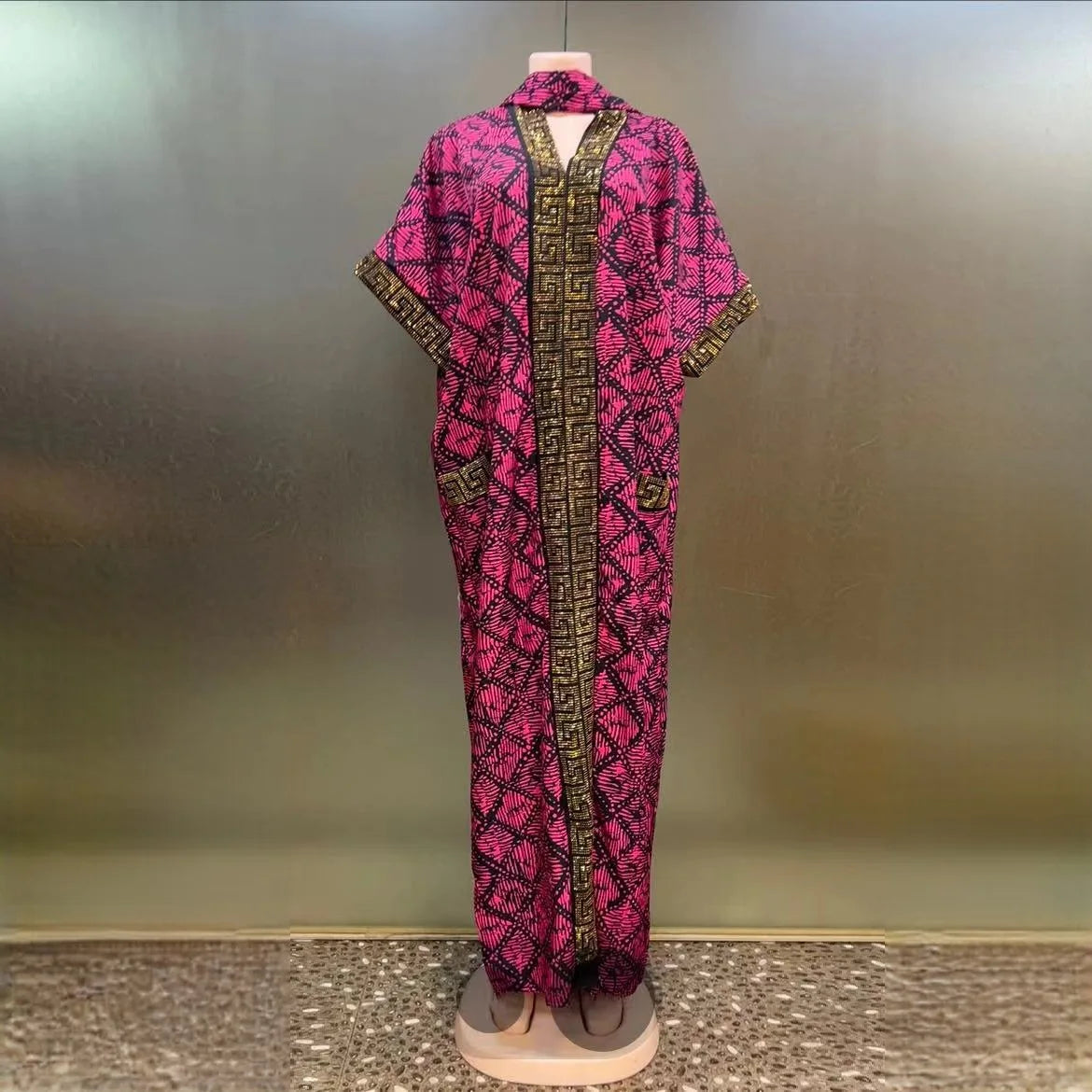 2025 New Trendy Heavy-Duty Rhinestone Pocket Middle Eastern Bubu V-Neck Evening Dress African Print Loose Muslim Women's Dress