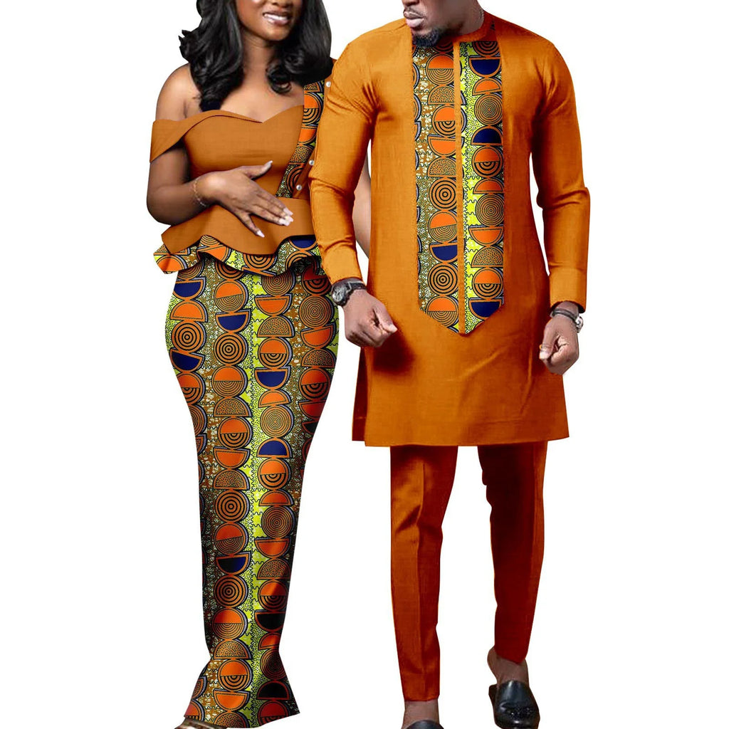 African Dresses for Women Match Bazin Lover Couple Clothes Print Mermaid Evening Dresses Men Outfits Shirt and Pant Sets Wedding
