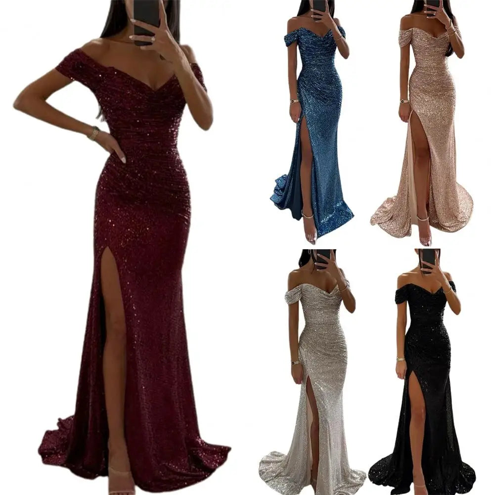 2025 Elegant Off-shoulder Gown Dress V-Neck Sequin Pleated Short Sleeve Waist Tight Maxi Dress Split Evening Party Prom Dress