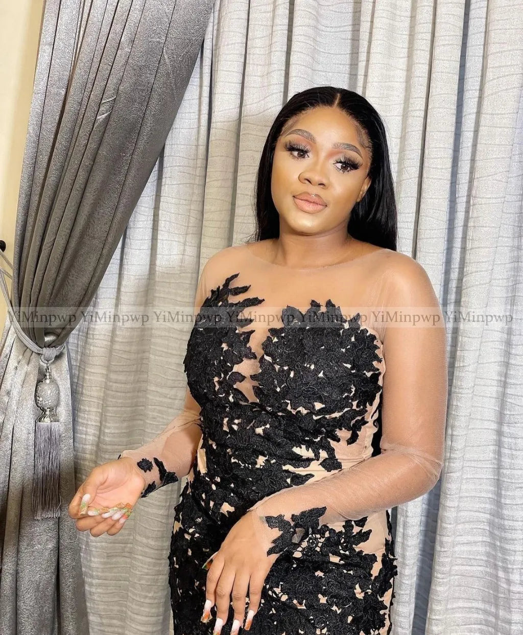 African Black Short Prom Dresses O Neck Long Sleeve Appliques Straight Illusion Sexy Birthday Dress For Baddies Customized