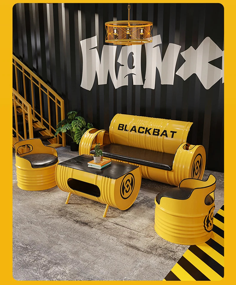 Industrial style sofa coffee table combination Internet celebrity creative bar clear bar milk tea shop table and chair oil drum