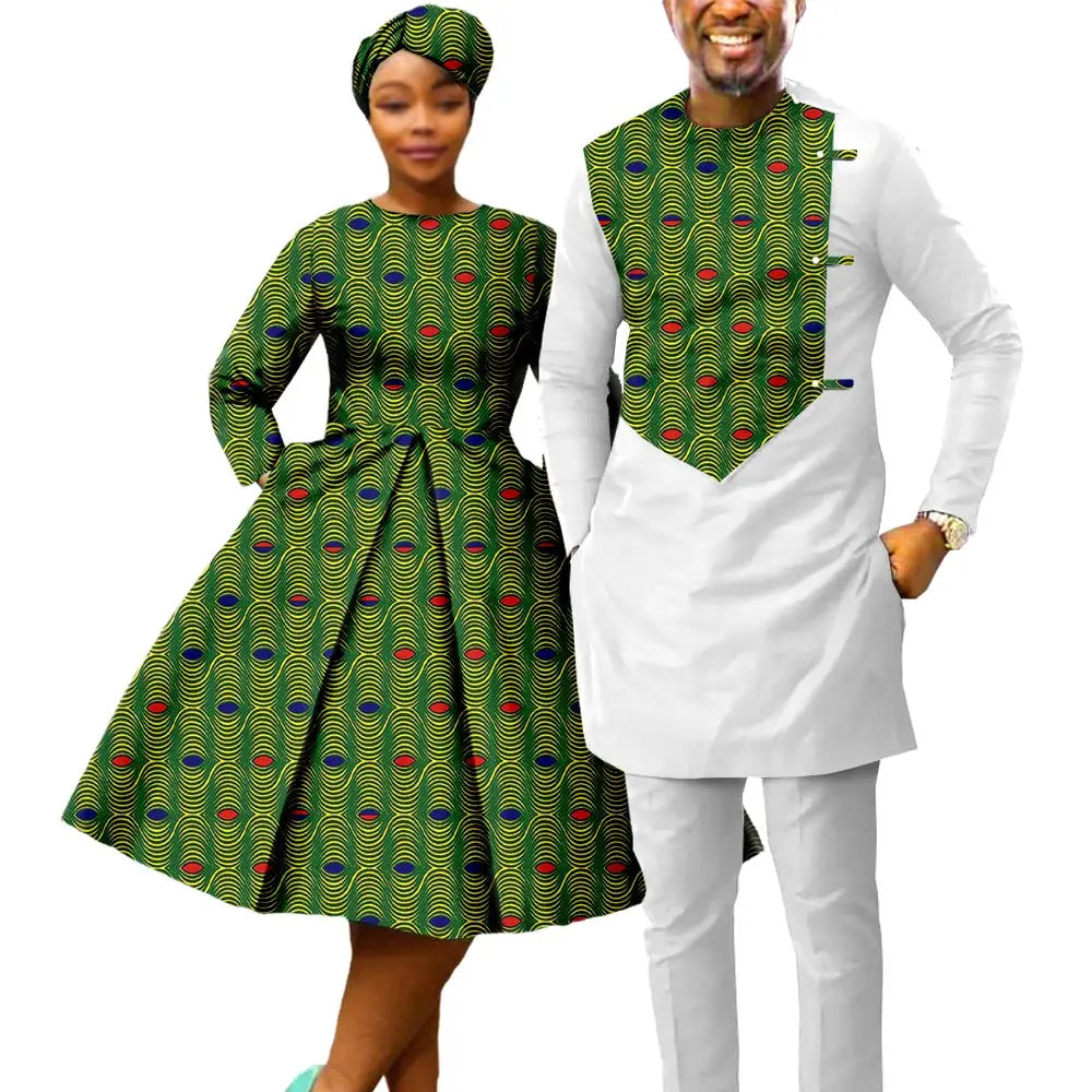 African Print Dresses for Women with Headwrap Matching Couple Outfits Men Patchwork Shirt and Pants Sets Africa Clothing Y22C075