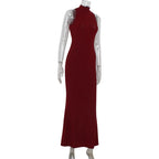 2025 New Women's Elegant Shiny Party Bodycon Robes Sexy Slim Sequins Red Sleeveless Long Dress Fashion Solid Maxi Gown Dresses