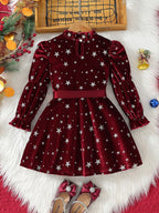 2025 New Year Dress for Girls Winter 3-6Y Kids Star Print Bowknot Long Sleeve Evening Dress Christmas Festive Dress for Girls