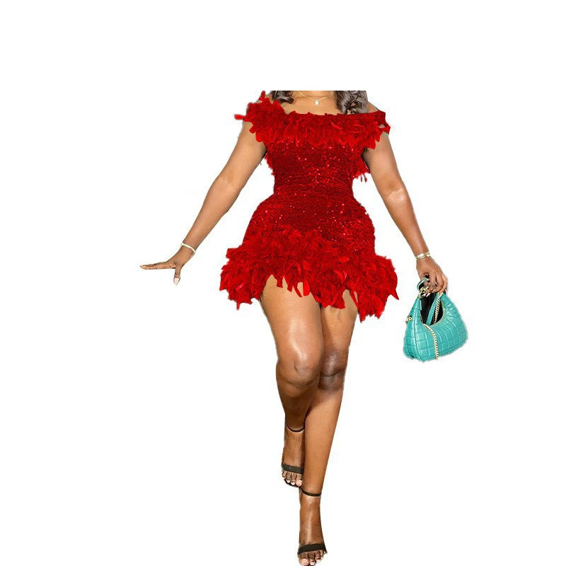 Sequin Feather Mini Dress