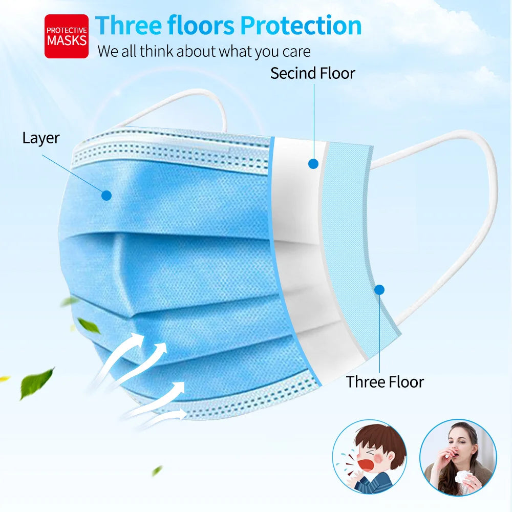 10/200PC Masks Surgical Disposable 3-layer Face Mask Breathable Mask With Elastic Earband Breathable Adult Medical Mouth Mask