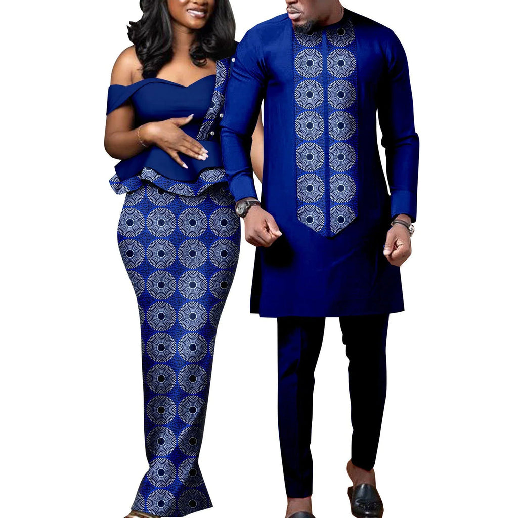 African Dresses for Women Match Bazin Lover Couple Clothes Print Mermaid Evening Dresses Men Outfits Shirt and Pant Sets Wedding