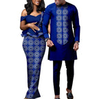 African Dresses for Women Match Bazin Lover Couple Clothes Print Mermaid Evening Dresses Men Outfits Shirt and Pant Sets Wedding