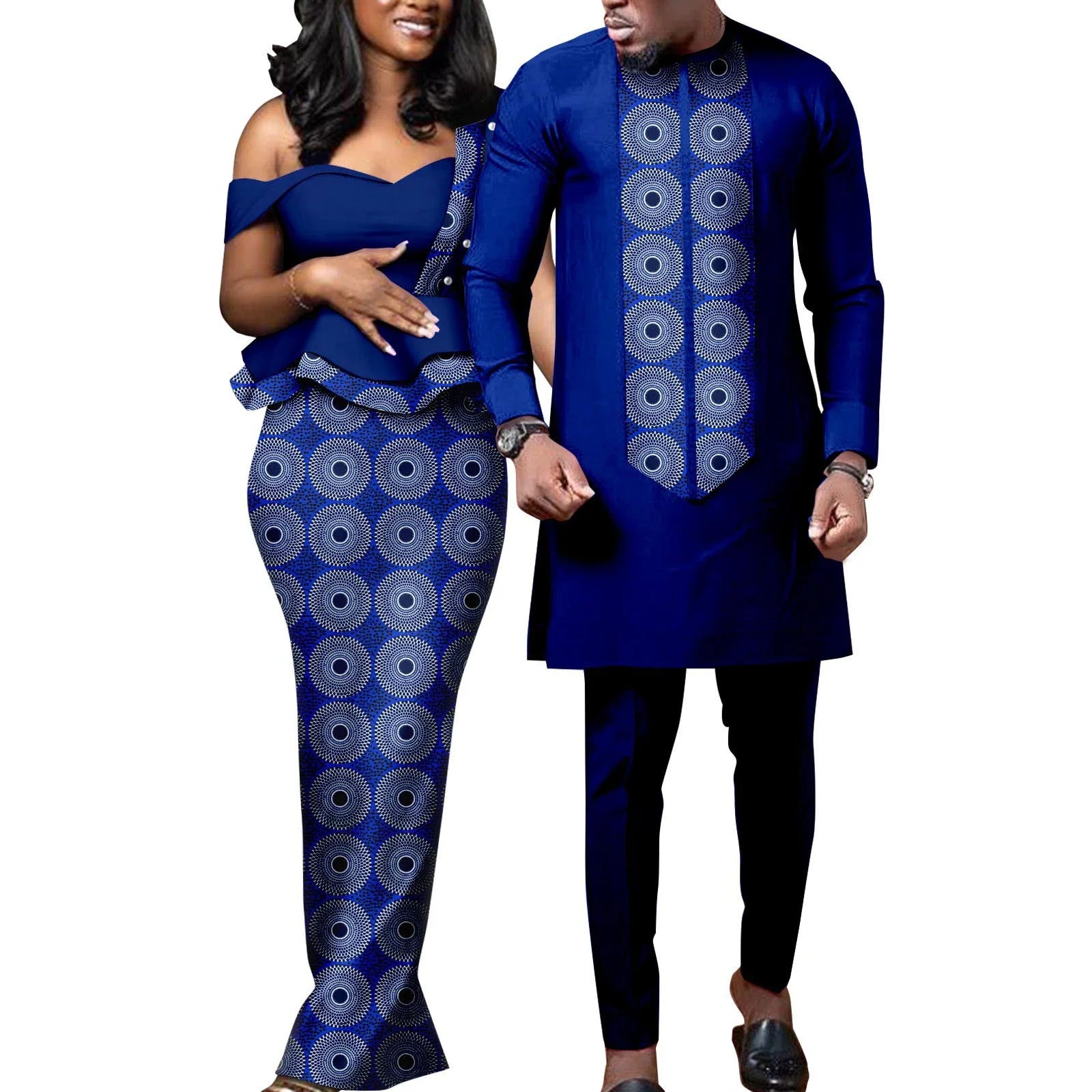African Dresses for Women Match Bazin Lover Couple Clothes Print Mermaid Evening Dresses Men Outfits Shirt and Pant Sets Wedding