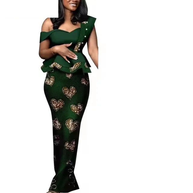 African Dresses for Women Match Bazin Lover Couple Clothes Print Mermaid Evening Dresses Men Outfits Shirt and Pant Sets Wedding