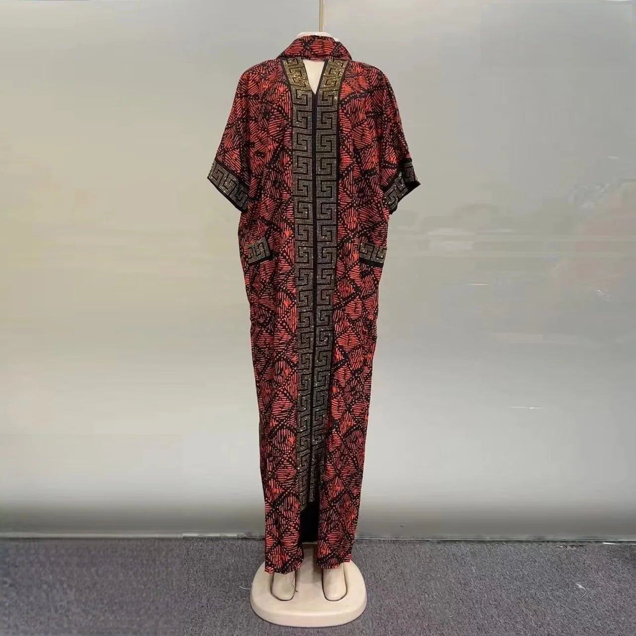 2025 New Trendy Heavy-Duty Rhinestone Pocket Middle Eastern Bubu V-Neck Evening Dress African Print Loose Muslim Women's Dress