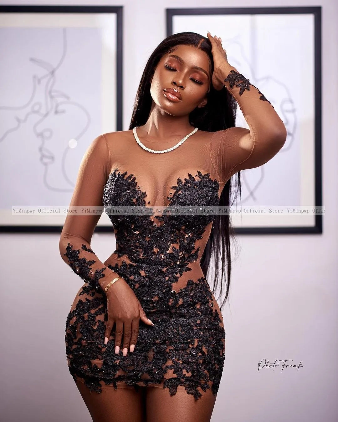 African Black Short Prom Dresses O Neck Long Sleeve Appliques Straight Illusion Sexy Birthday Dress For Baddies Customized