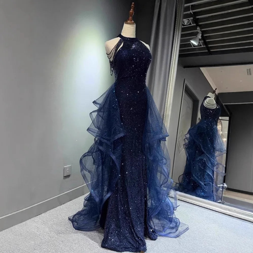 Elegant Sparking Navy Blue Evening Dresses Halt Beading Party Gown Customized Prom Dress 2025 Tiered robes de soirée Sweep Train