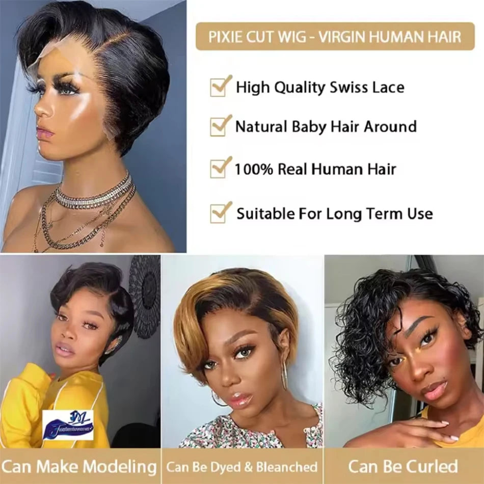 Pixie Cut 13x4 Transparent Lace Front Wigs Human Hair Wig For Women Short Straight Lace Frontal Wig 180% Daily Party Mother Gift