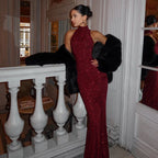 2025 New Women's Elegant Shiny Party Bodycon Robes Sexy Slim Sequins Red Sleeveless Long Dress Fashion Solid Maxi Gown Dresses