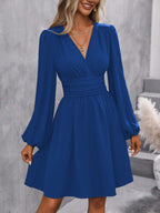 Dresses 2025 Woman Clothing V Neck Lantern Sleeve Wrap Mini Dress Ruched Waist Flowy Hem Elegant for Autumn and Party Styles ﻿