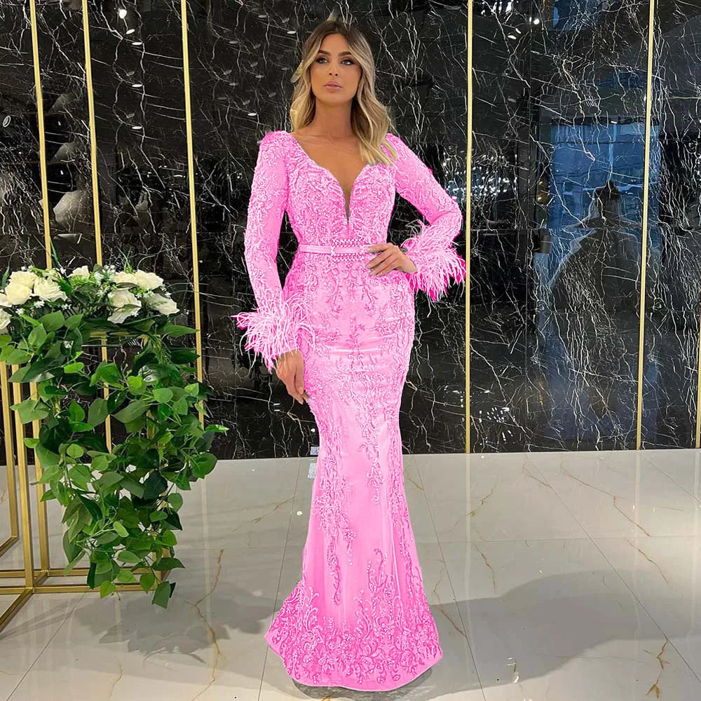Silver Prom Dresses 2025 Women V-Neck Long Sleeves Feathers Evening Gowns Lace Applique Beaded  Sexy Mermaid Formal Party Dress