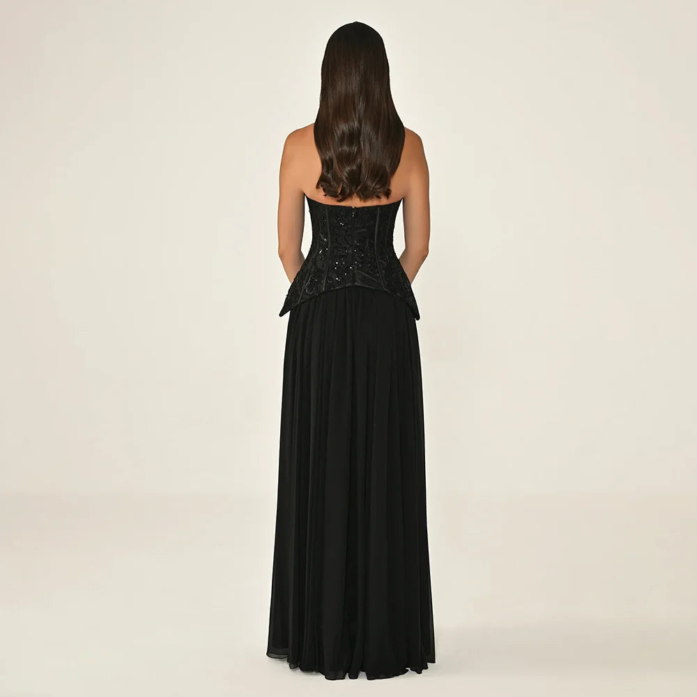 Black Corset Evening Dresses for Women Strapless Backless A Line Chiffon Prom Dresses Floor Length Formal Party Gowns Customized