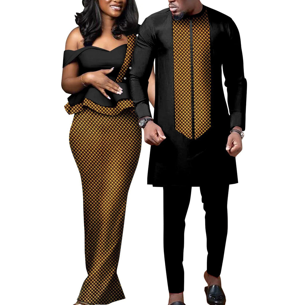 African Dresses for Women Match Bazin Lover Couple Clothes Print Mermaid Evening Dresses Men Outfits Shirt and Pant Sets Wedding
