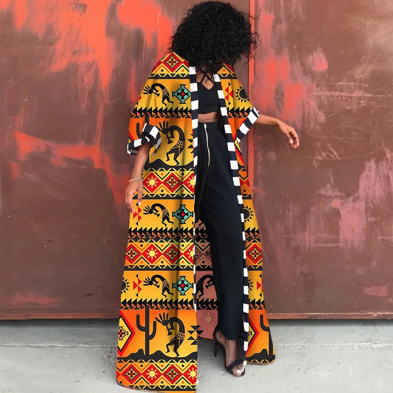 African Dresses for Women African Ethnic Print Loose Long Trench Coat Streetwear Dashiki African Clothes Cardigan African Kimono
