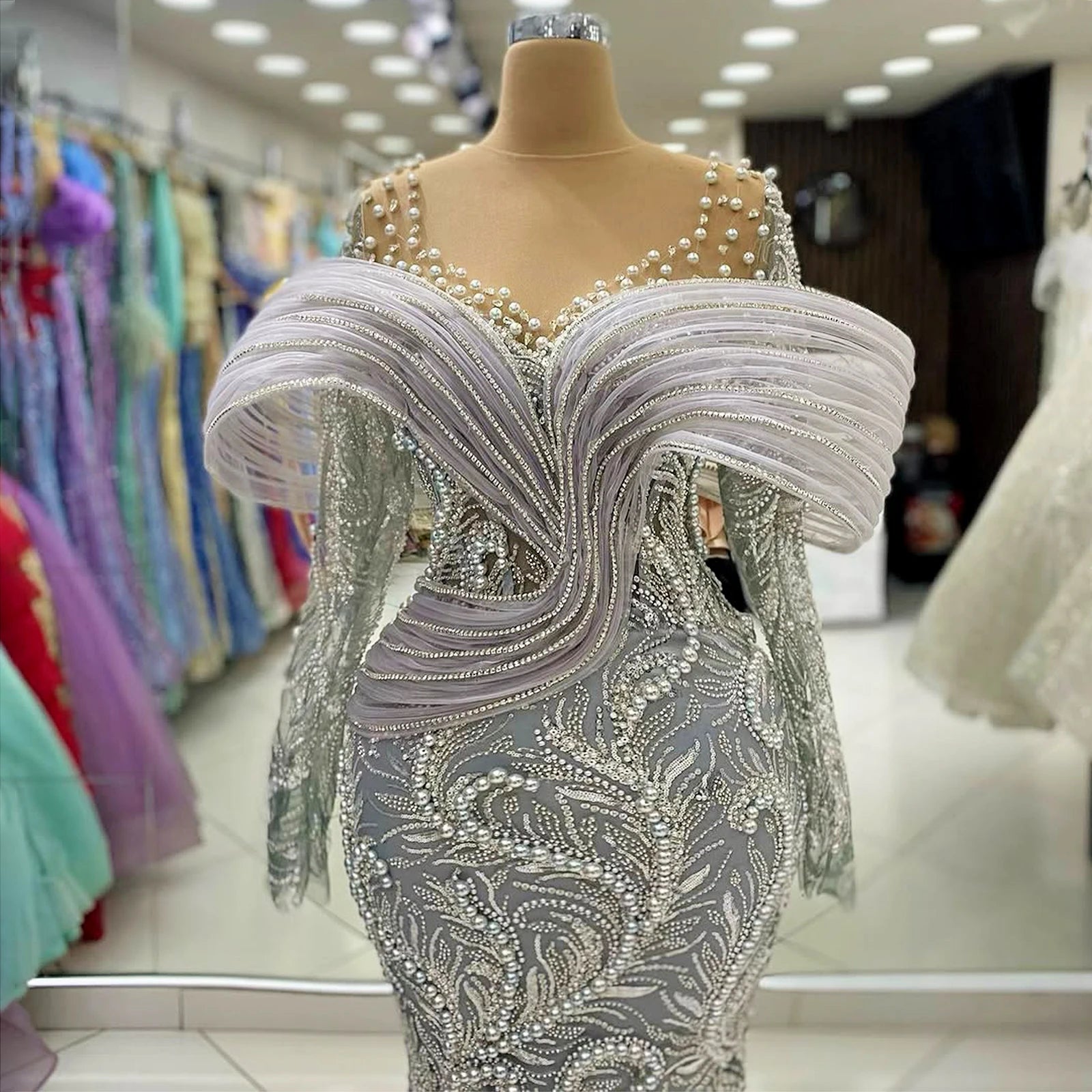 Luxury Evening Dresses 2025 Pleated Pearl Sequins Long Evening Gown Elegant Party Dress Plus Size Dresses Customizable