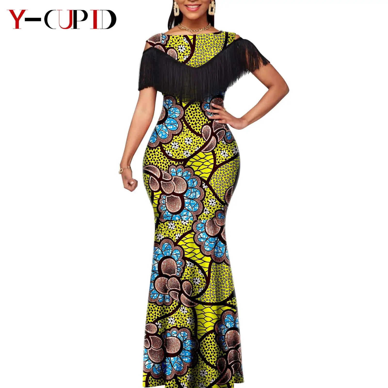 African Dresses for Women Matching Couple Outfits Bazin Riche Dashiki Slim Tassel Print Long Dresses for Party Vestidos Y23C009