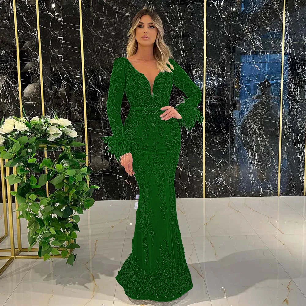 Silver Prom Dresses 2025 Women V-Neck Long Sleeves Feathers Evening Gowns Lace Applique Beaded  Sexy Mermaid Formal Party Dress