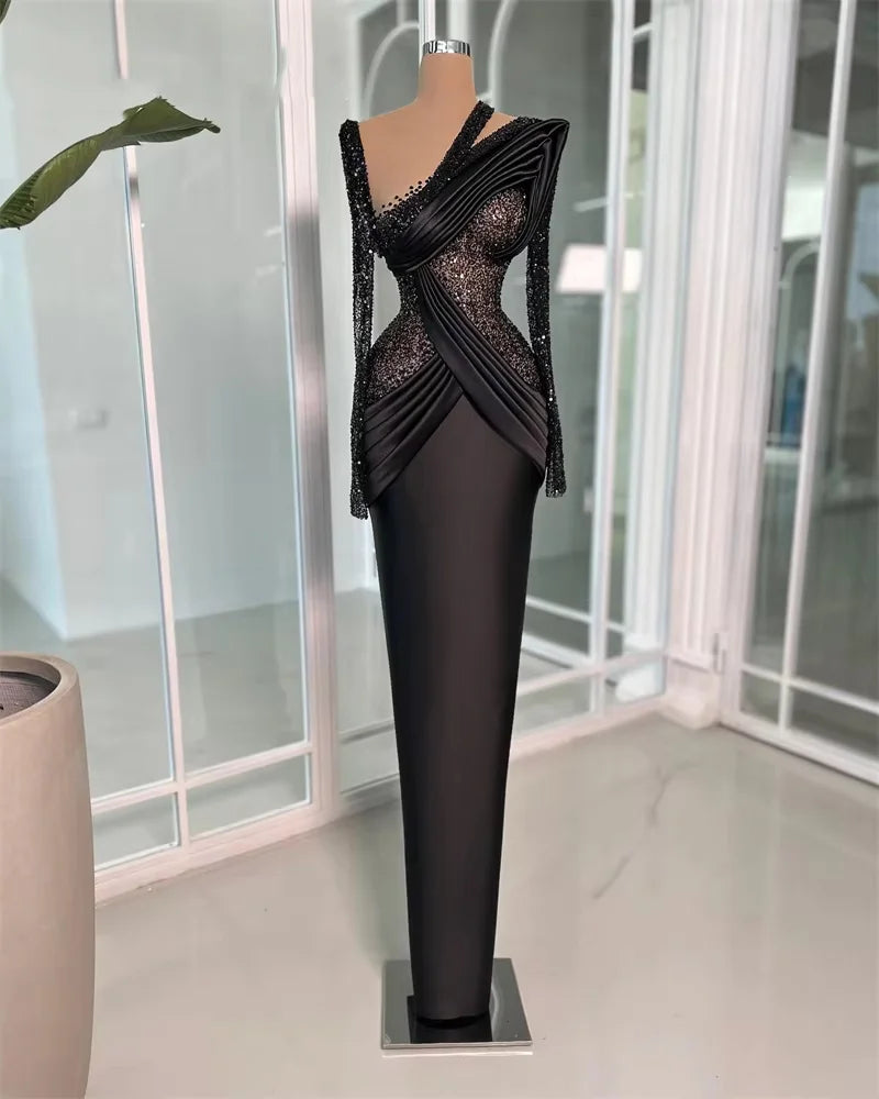 Black Dubai Evening Dresses Elegant Long Sleeves Beads Pleats Formal Prom Birthday Party Gowns Special Occasions Customized