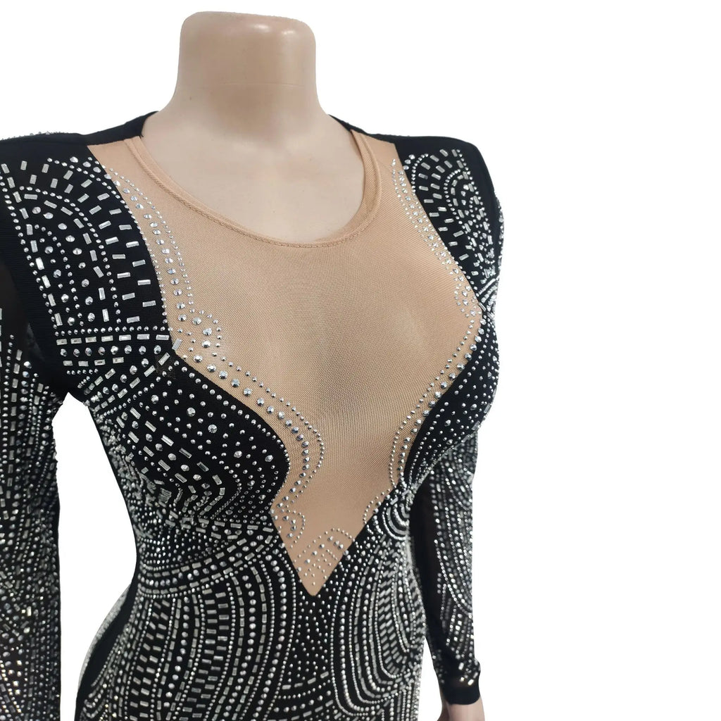 2025 Luxury Smart Evening Dress Women Deep V Neck Long Sleeve Tight Fitting Short Skirt Set With Diamonds Street Banquet Outfits