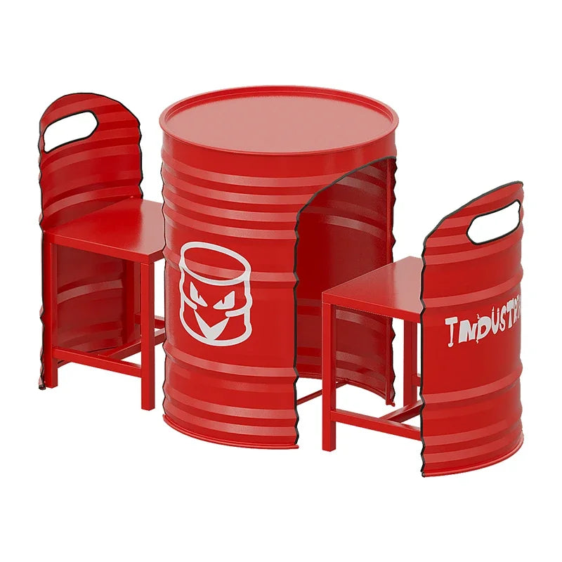 Industrial Style Coffee Shop Courtyard Leisure Area Outdoor Iron Oil Drum Tables and Chairs