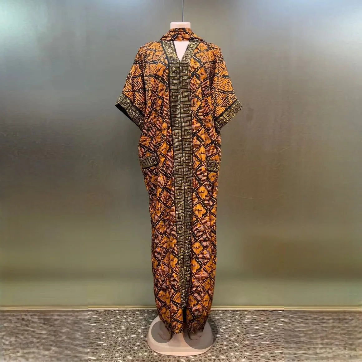 2025 New Trendy Heavy-Duty Rhinestone Pocket Middle Eastern Bubu V-Neck Evening Dress African Print Loose Muslim Women's Dress