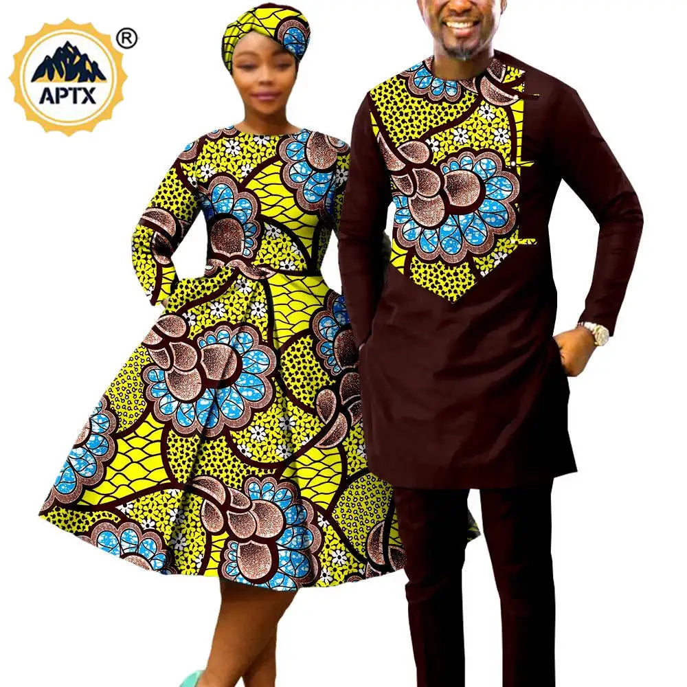 African Print Dresses for Women with Headwrap Matching Couple Outfits Men Patchwork Shirt and Pants Sets Africa Clothing Y22C075
