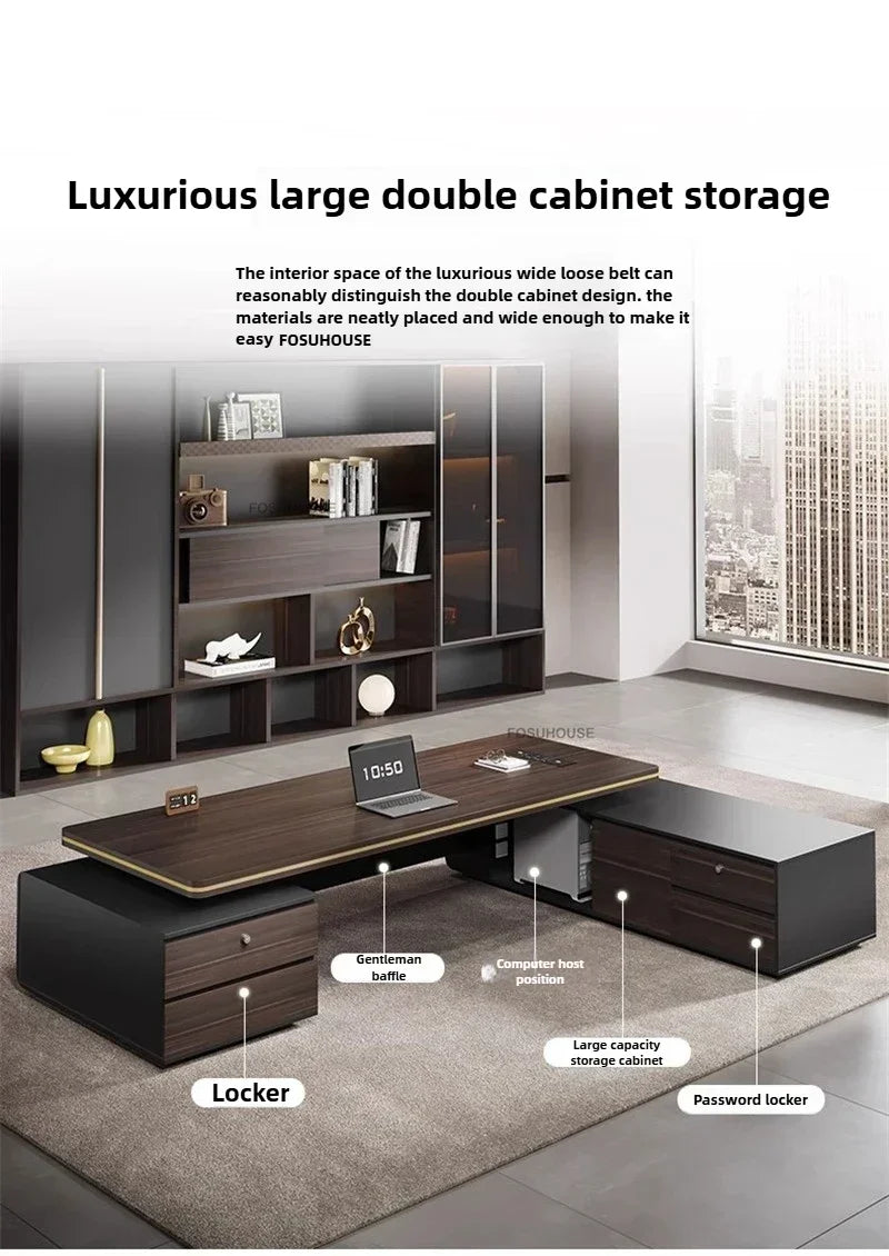 Modern Wooden Boss Office Desks Light Luxury Office Furniture Design with Storage Cabinet Study Desk Commercial President Desk
