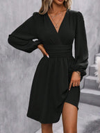 Dresses 2025 Woman Clothing V Neck Lantern Sleeve Wrap Mini Dress Ruched Waist Flowy Hem Elegant for Autumn and Party Styles ﻿
