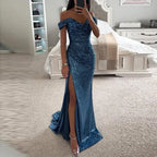2025 Elegant Off-shoulder Gown Dress V-Neck Sequin Pleated Short Sleeve Waist Tight Maxi Dress Split Evening Party Prom Dress