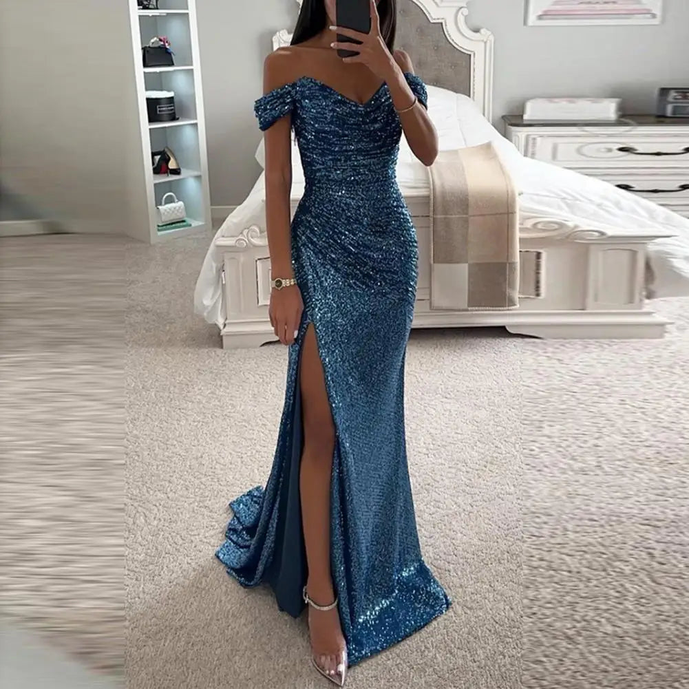 2025 Elegant Off-shoulder Gown Dress V-Neck Sequin Pleated Short Sleeve Waist Tight Maxi Dress Split Evening Party Prom Dress