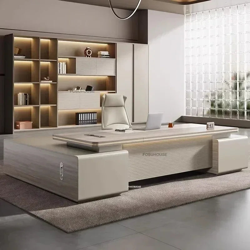 Modern Wooden Boss Office Desks Light Luxury Office Furniture Design with Storage Cabinet Study Desk Commercial President Desk