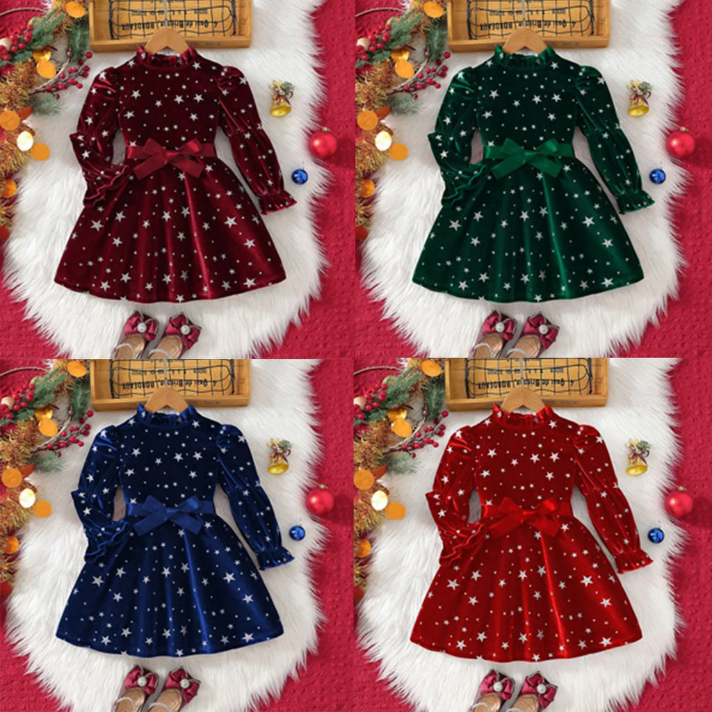 2025 New Year Dress for Girls Winter 3-6Y Kids Star Print Bowknot Long Sleeve Evening Dress Christmas Festive Dress for Girls