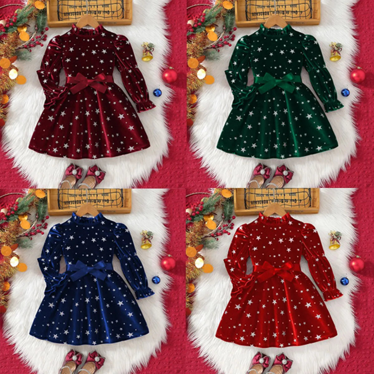 2025 New Year Dress for Girls Winter 3-6Y Kids Star Print Bowknot Long Sleeve Evening Dress Christmas Festive Dress for Girls
