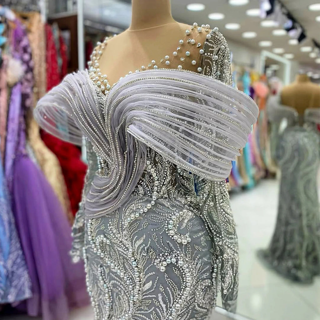 Luxury Evening Dresses 2025 Pleated Pearl Sequins Long Evening Gown Elegant Party Dress Plus Size Dresses Customizable