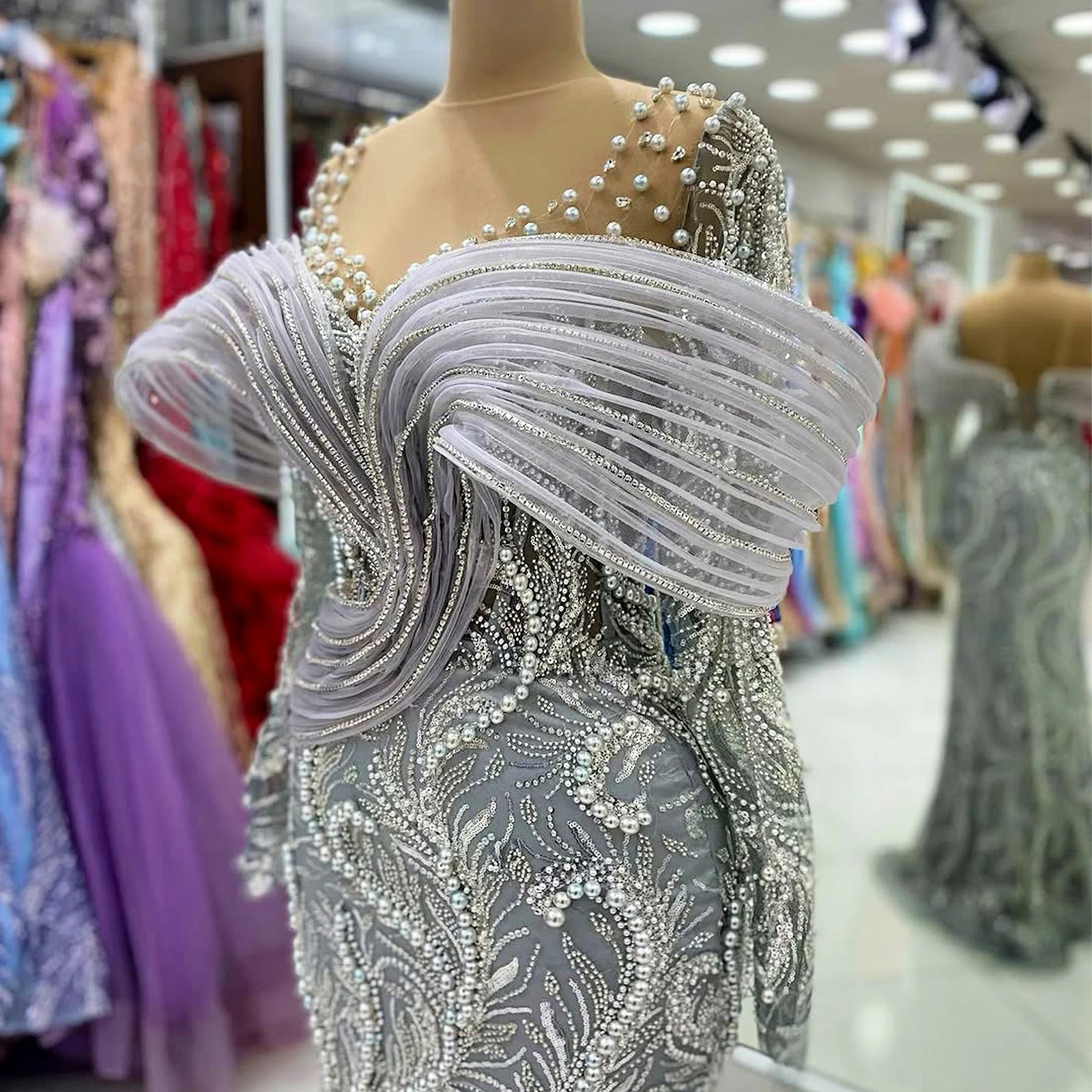 Luxury Evening Dresses 2025 Pleated Pearl Sequins Long Evening Gown Elegant Party Dress Plus Size Dresses Customizable