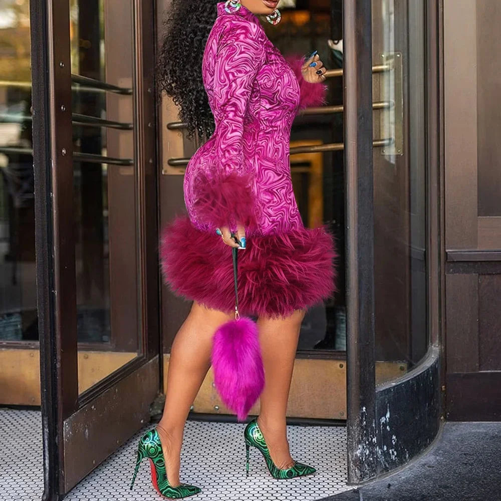 Vintage Mini Dress Women African Spring Feather Fall Sexy Bandage Long Sleeve Africa Bodycon Party Vestidos Birthday Streetwear